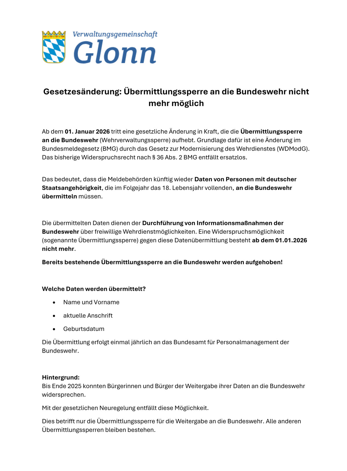 Gesetzesänderung: Übermittlungssperre an die Bundeswehr nicht mehr möglich