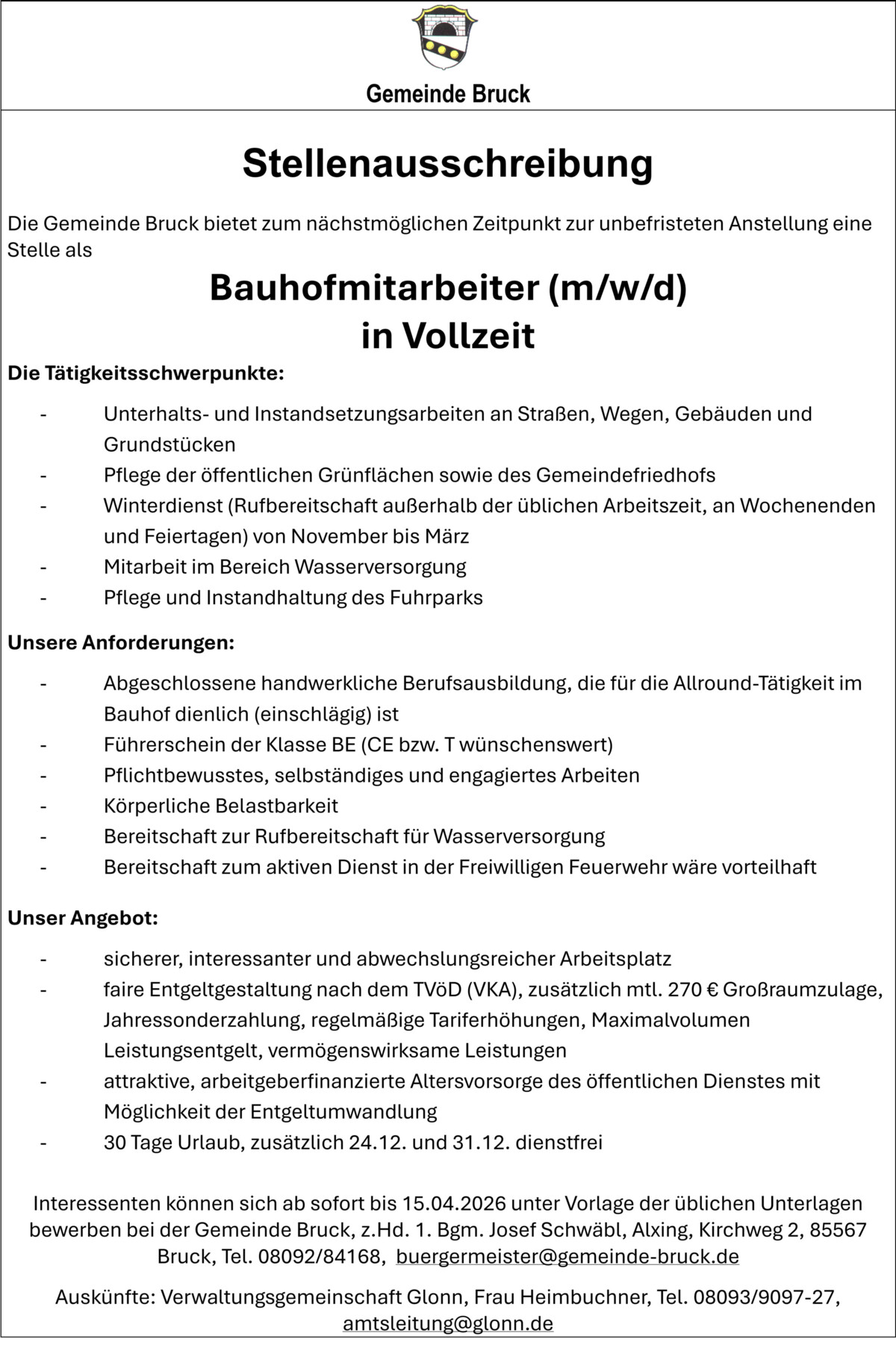 Stellenanzeige Bauhof Bruck