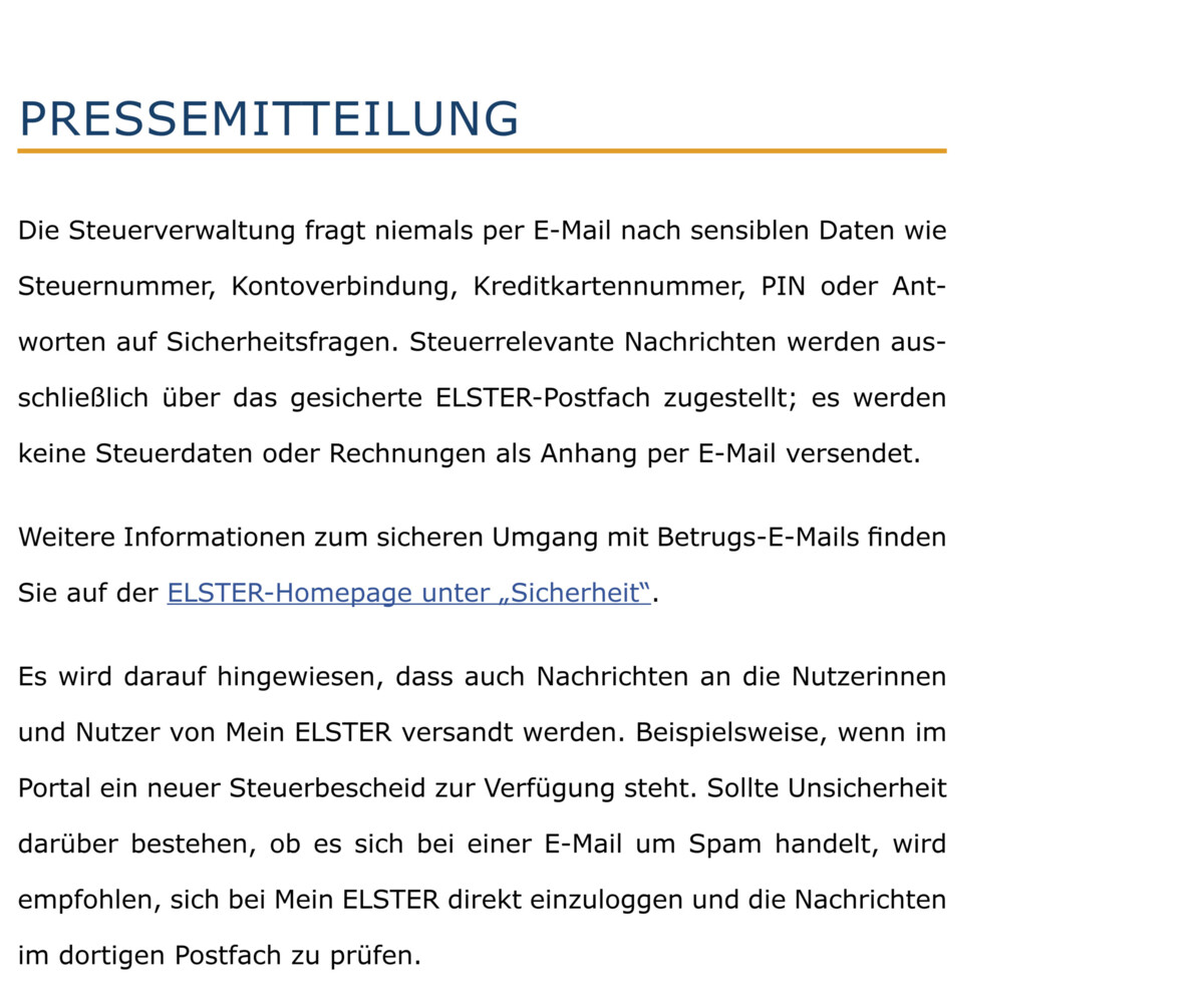 Warnung vor angeblichen E-Mails der Steuerverwaltung