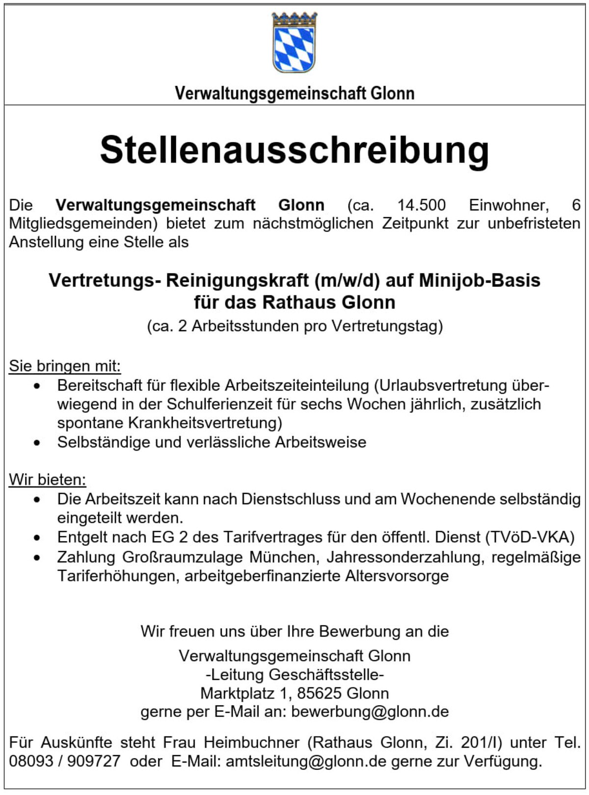 Stellenanzeige Reinigungskraft