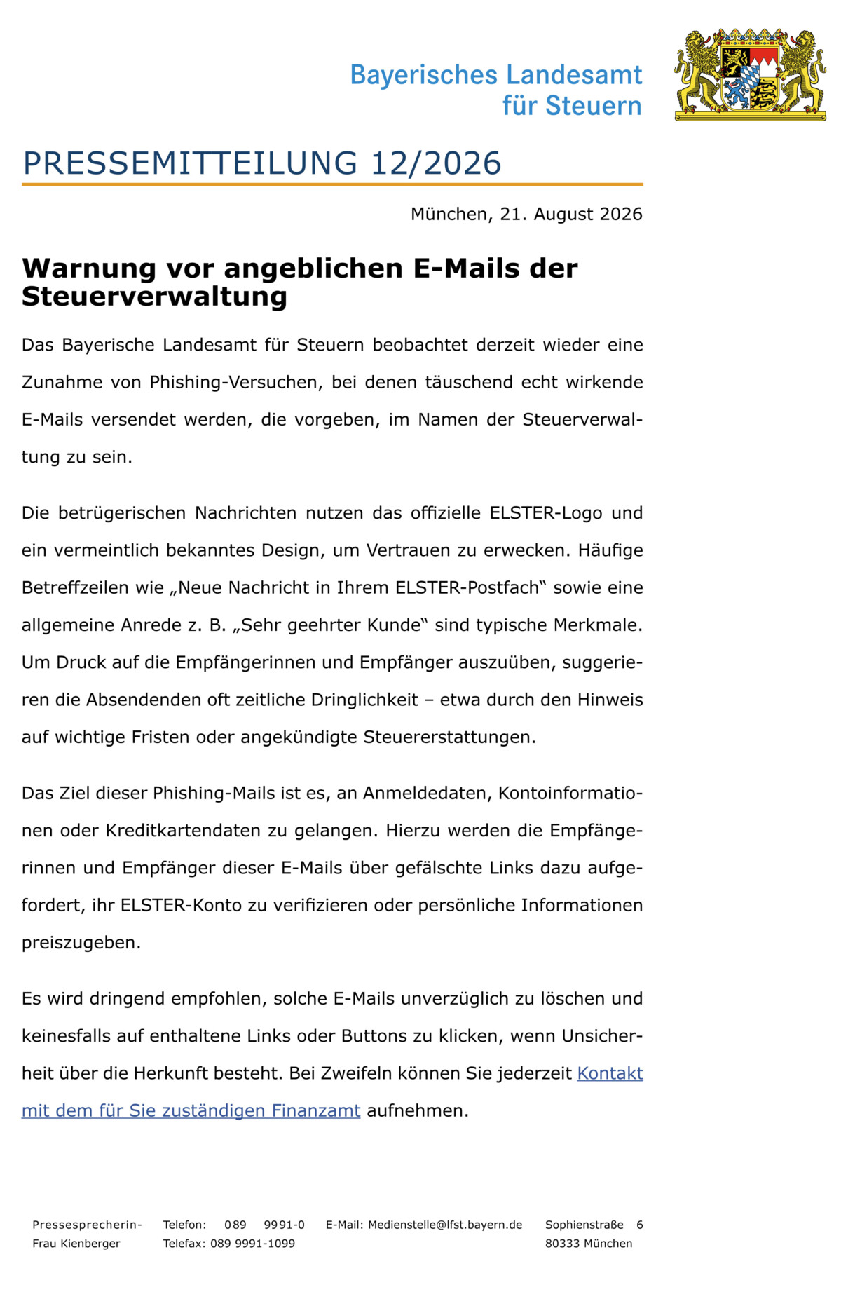 Warnung vor angeblichen E-Mails der Steuerverwaltung
